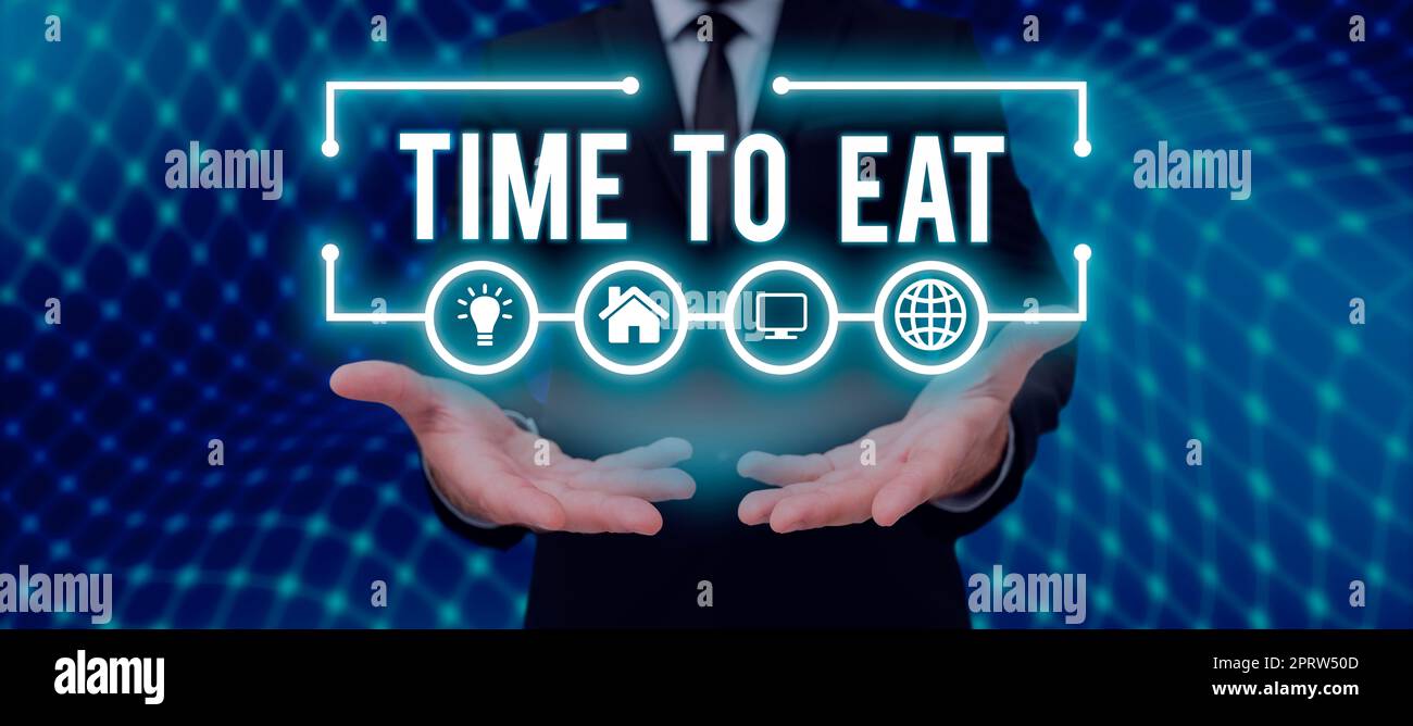 Tempo concettuale di visualizzazione per mangiare. Panoramica aziendale momento giusto per gustare un pasto pranzo cena buon cibo fame Foto Stock