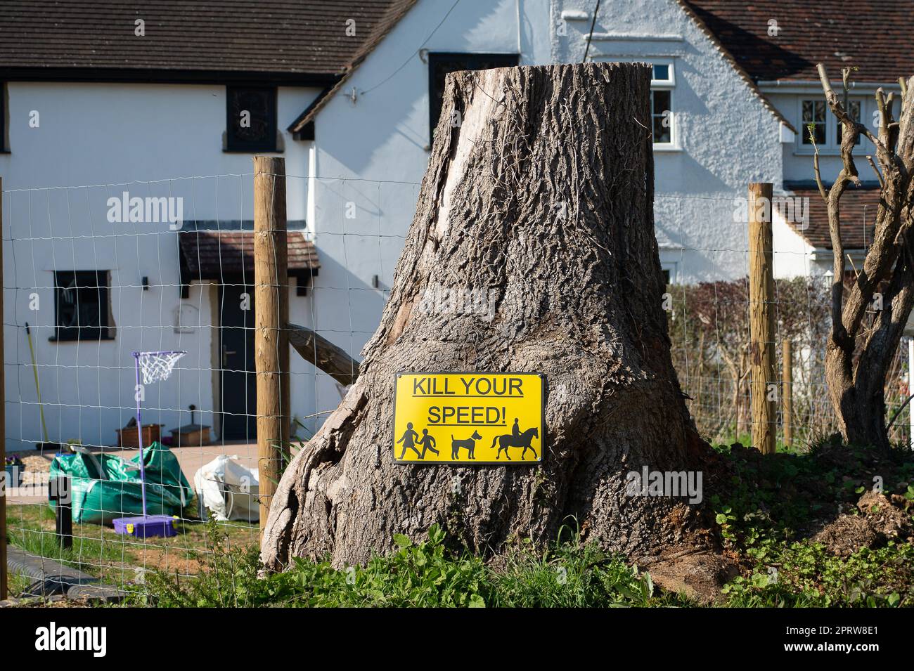 South Heath, Great Missenden, Buckinghamshire, Regno Unito. 20th aprile 2023. Un cartello Kill Your Speed attaccato a un ceppo di alberi in South Heath, Buckinghamshire fuori una casa su una strada di campagna. Più strade in tutta l'Inghilterra stanno avendo un limite di velocità di 20mph mm introdotto nel tentativo di fermare così tanti incidenti e decessi. Credito: Maureen McLean/Alamy Foto Stock