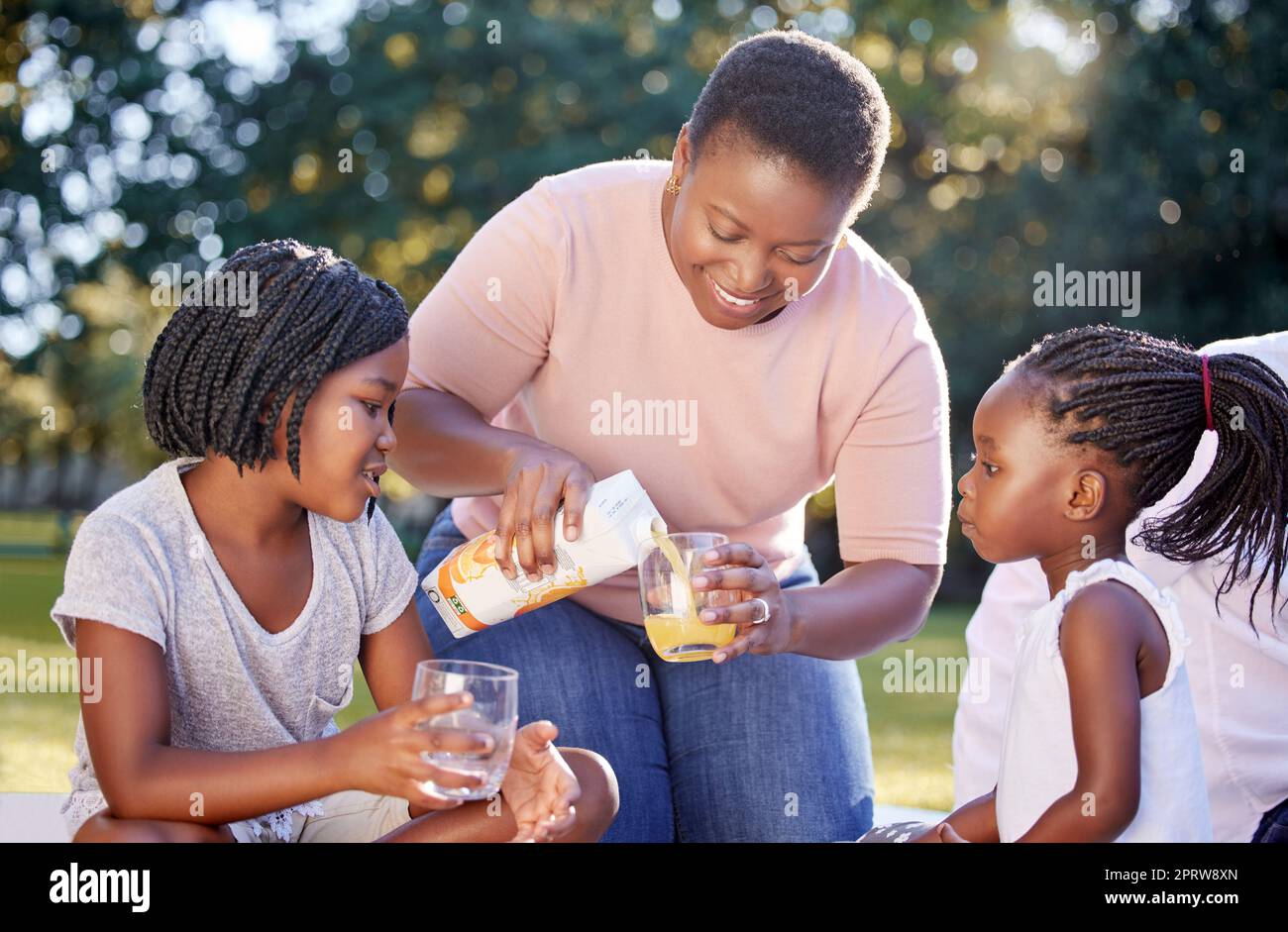 Donna nera, parco e bambini famiglia beve succo per nutrizione sana o benessere dieta nutrizionista al picnic. La madre con bambini o i neri sorridono con succo d'arancia agli agrumi in estate Foto Stock