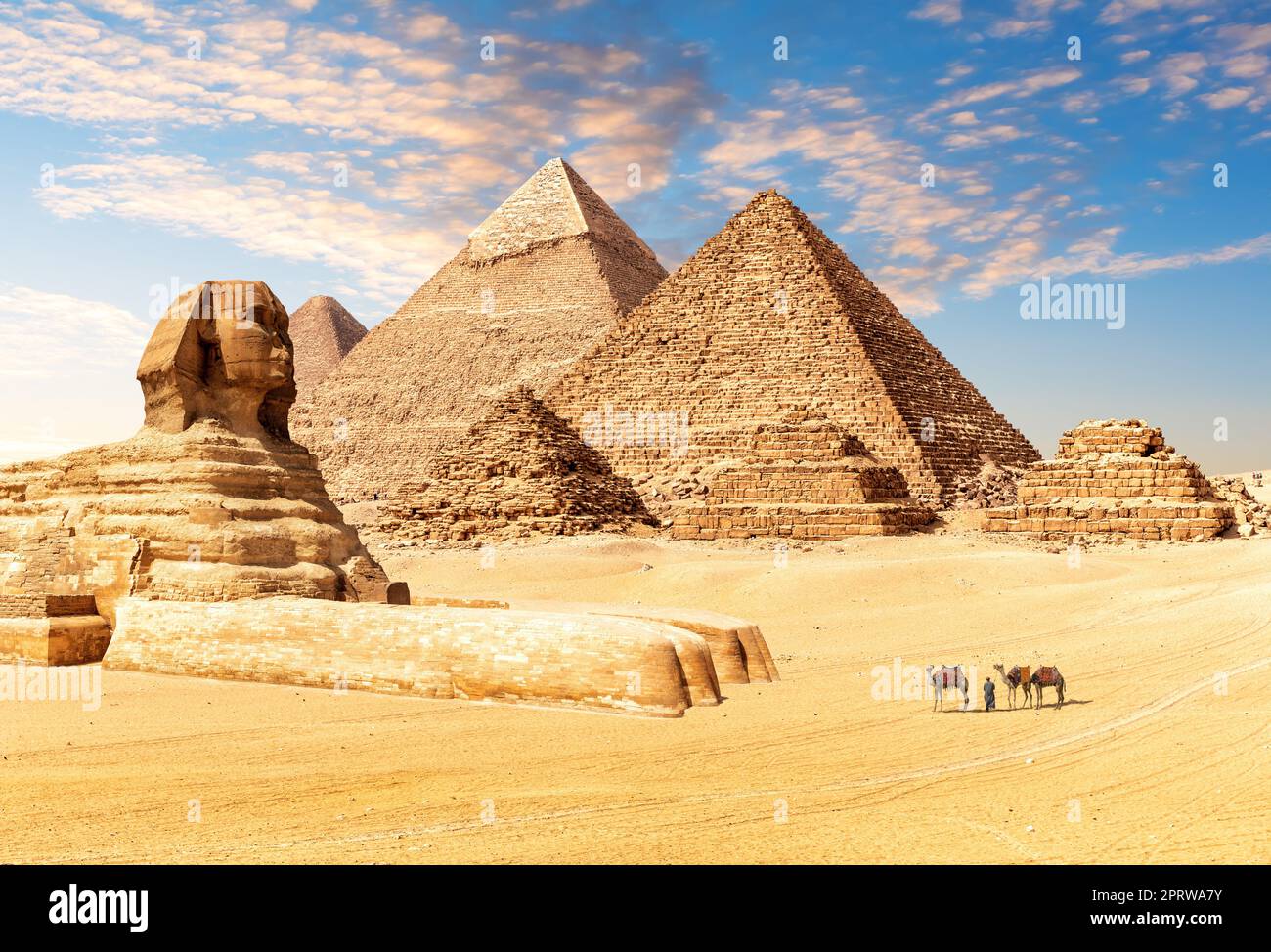La Grande Sfinge accanto alle Piramidi d'Egitto nel deserto di Giza. Foto Stock