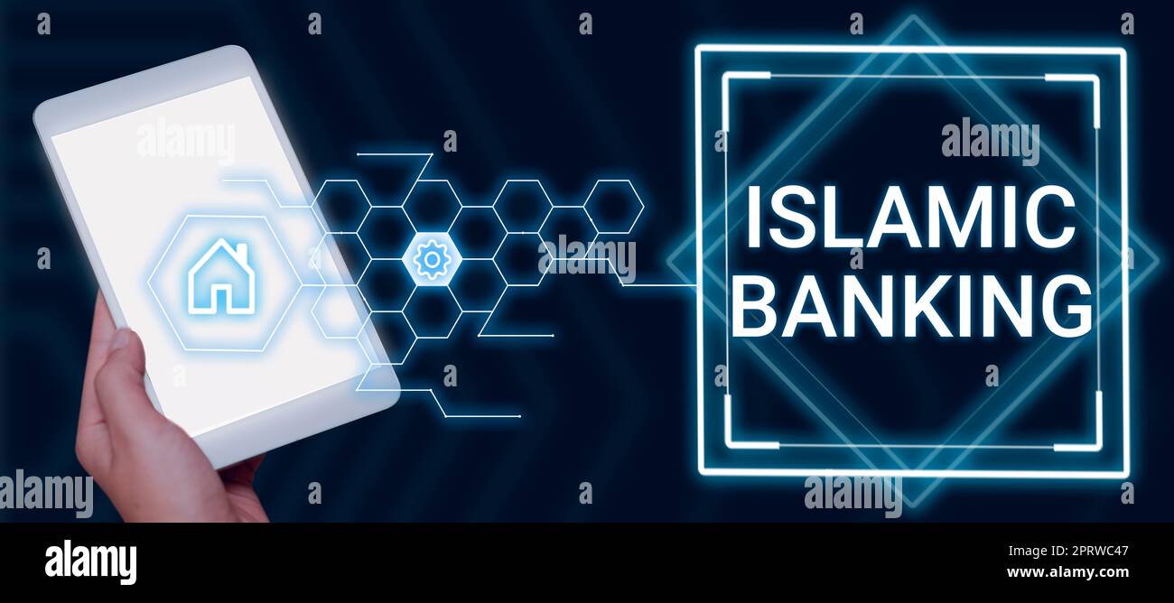 Visualizzazione concettuale sistema bancario islamico basato sui principi della legge islamica. Parola per sistema bancario basato sui principi della legge islamica Foto Stock