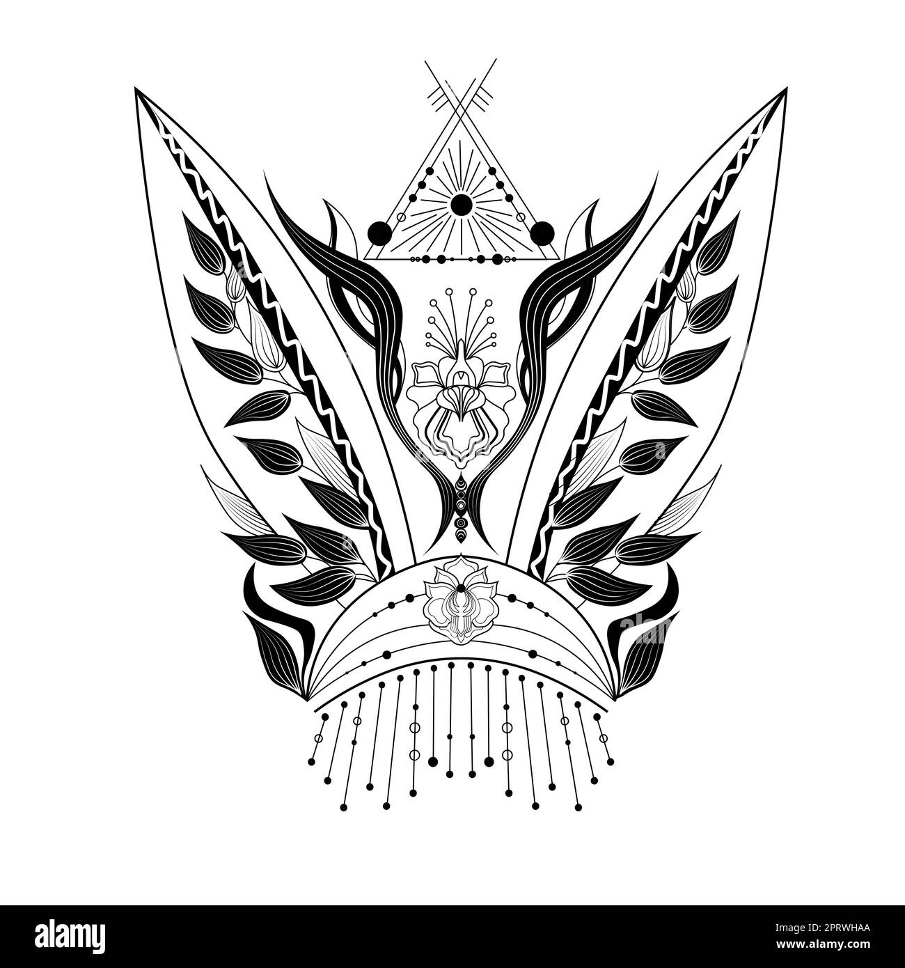 Icona elementi mistici. Elementi esoterici, boho mistici disegnati a mano. Alchimia esoterica magica e stregoneria. Design mistico e magico con alchimia symb Foto Stock