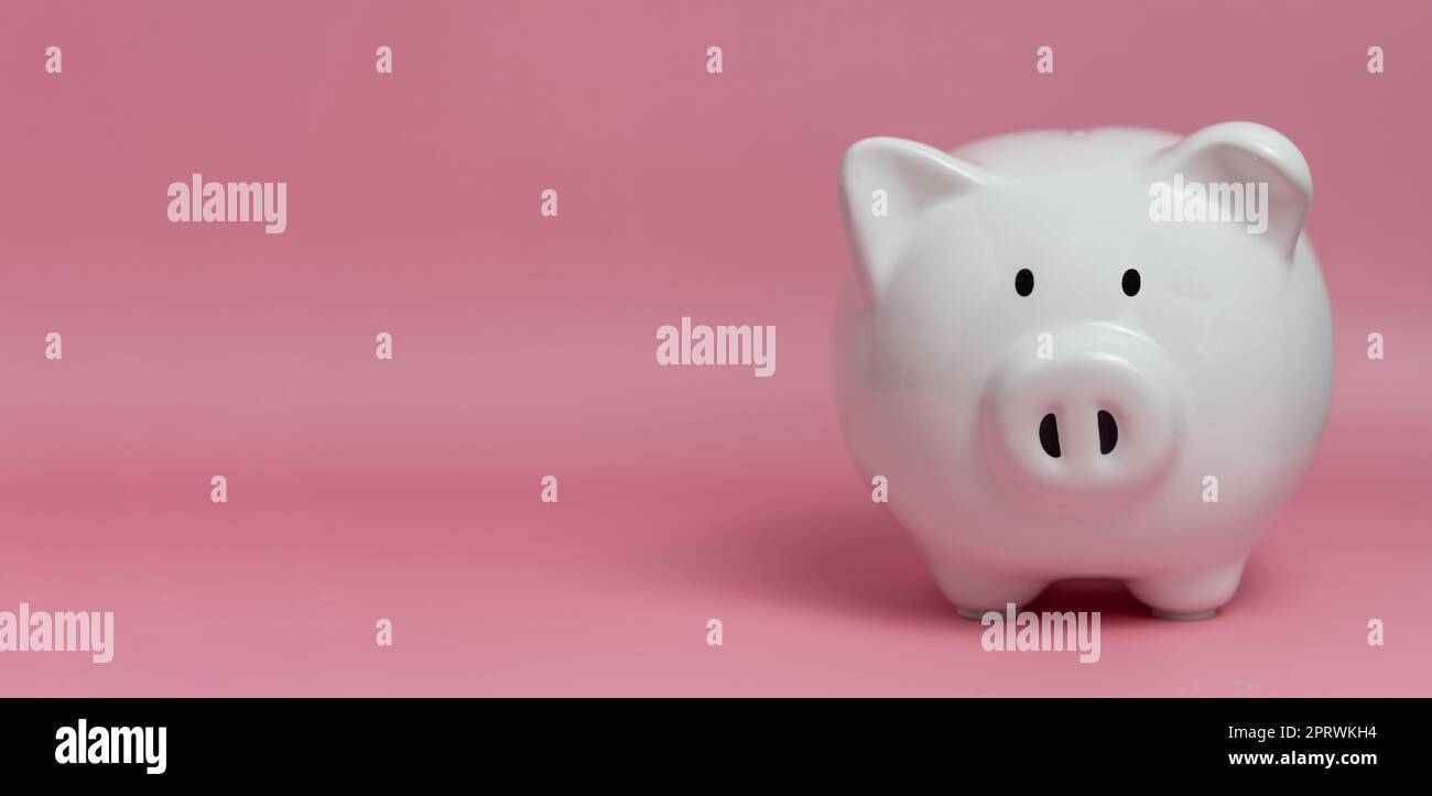 risparmio bancario reddito finanziario bancario investimento profitto economia pensione bilancio guadagnare fondo business piggy bianco su sfondo rosa. Foto Stock