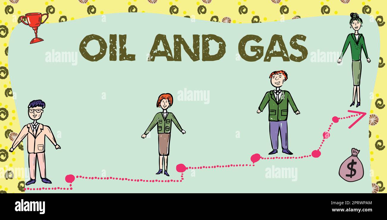 Didascalia di testo che presenta petrolio e gas. Business Concept Exploration Extraction Refining Marketing prodotti petroliferi Business Team in piedi sulla scala del successo con Trophy and Money Bag. Foto Stock