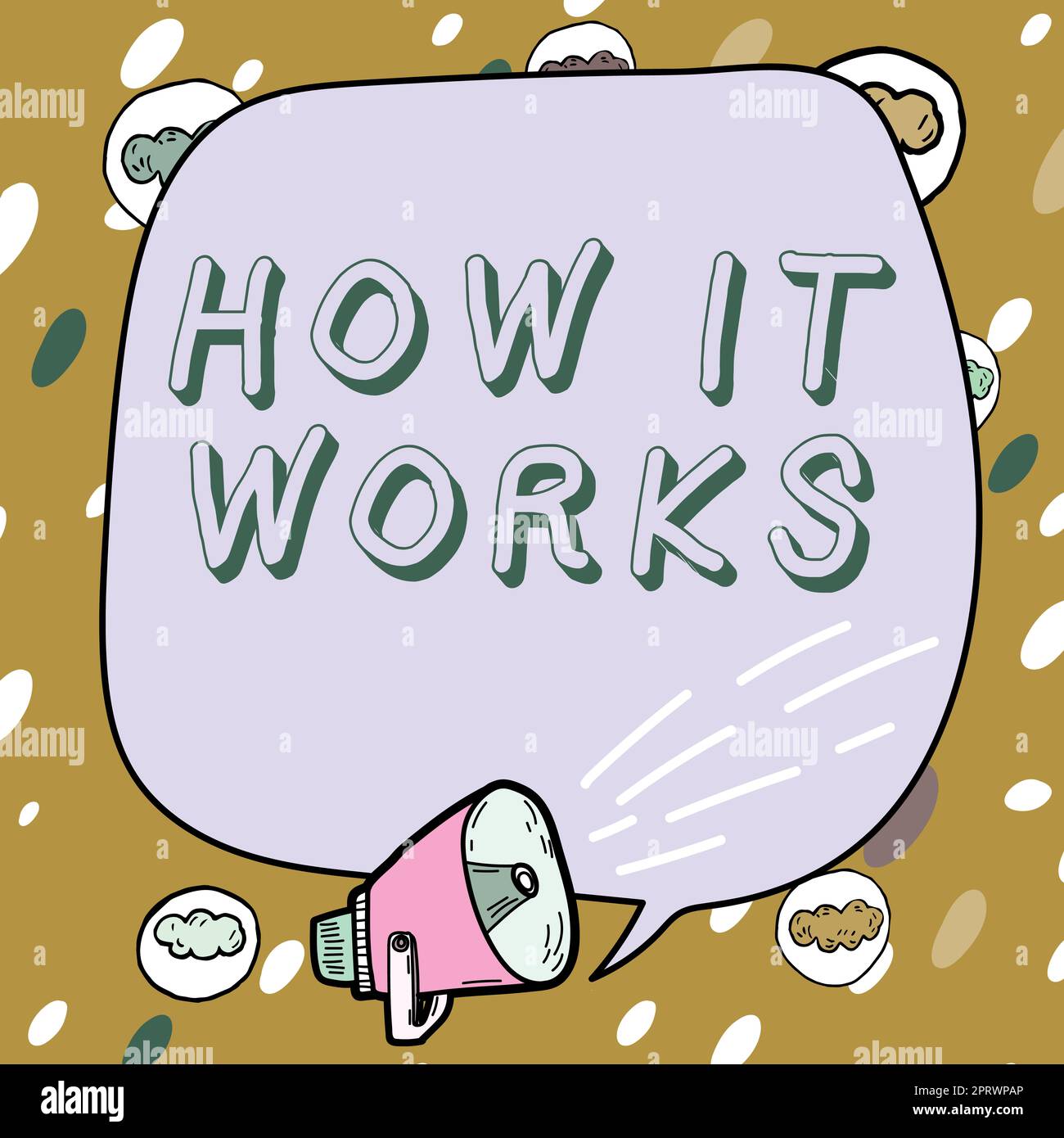 Cartello che mostra come funziona. Concetto di business utilizzato per chiedere in che modo o in che modo Frame Covered with Speech Symbols (cornice coperta da simboli vocali) visualizza gli annunci degli oratori. Foto Stock