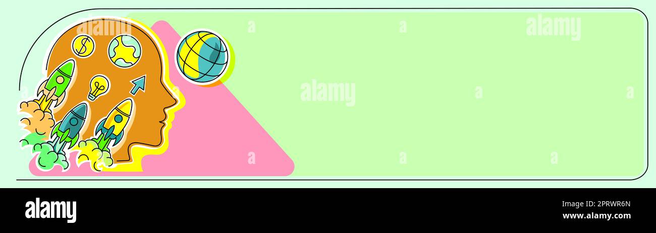 Testa Silhouette che esplodono di idee come Rocket Symbols. Uomo pensare nuove informazioni Cruziali. Uomo d'affari che mostra gli aggiornamenti con i simboli. Il dirigente sta prendendo le decisioni in mente. Foto Stock