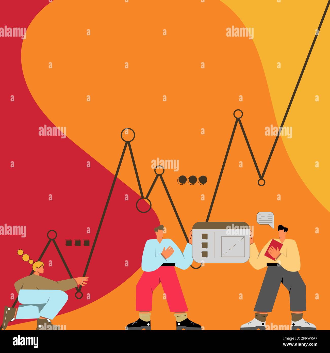 Tre uomini con corpi oversize preparando grafici che rappresentano la crescita del business e decreti. Colegues preparazione dell'installazione del grafico collegamento delle tabelle alla scheda Foto Stock