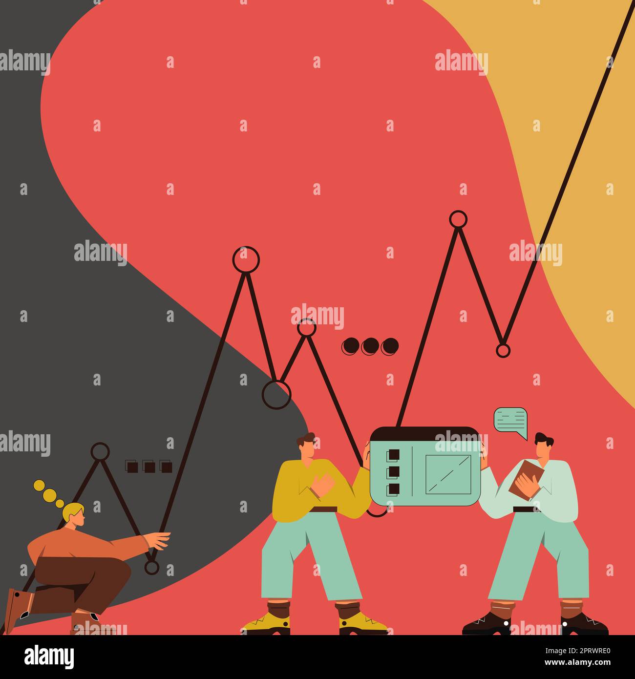 Tre uomini con corpi oversize preparando grafici che rappresentano la crescita del business e decreti. Colegues preparazione dell'installazione del grafico collegamento delle tabelle alla scheda Foto Stock