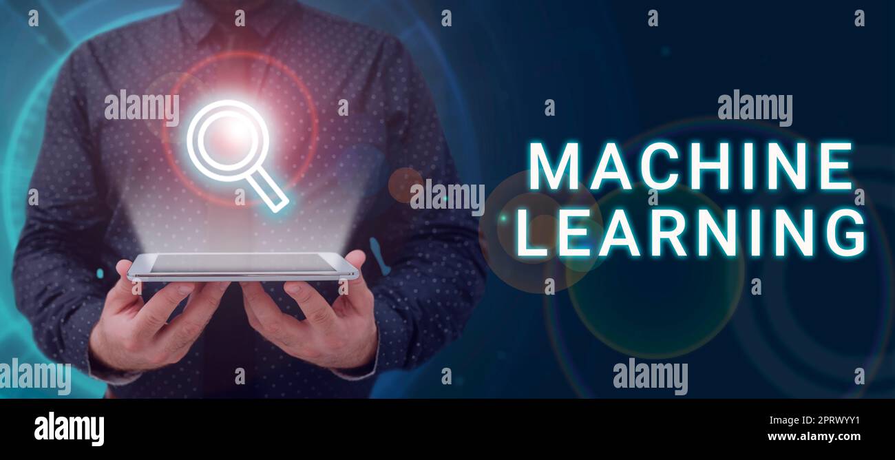 Scrittura visualizzazione testo macchina Learningdare ai computer la capacità di essere insegnato con i dati. Parola per dare ai calcolatori la capacità di essere insegnato con i dati Foto Stock