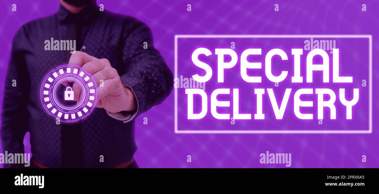 Didascalia concettuale prodotti o servizi di deliverygetting speciali direttamente a casa vostra qualsiasi luogo, Word per ottenere prodotti o servizi direttamente al vostro Foto Stock