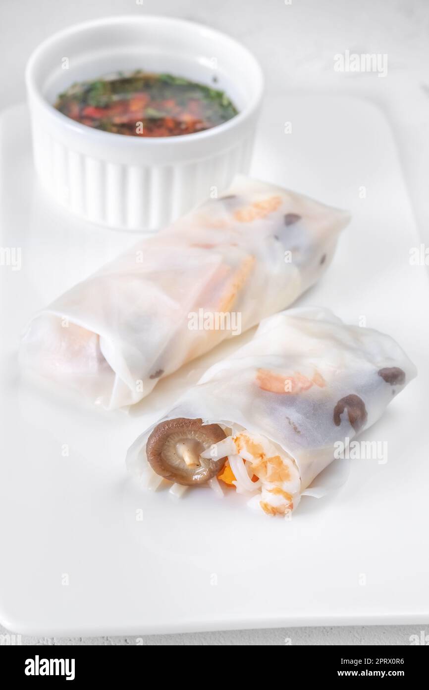 Rotoli di carta di riso shiitake al gambero Foto Stock