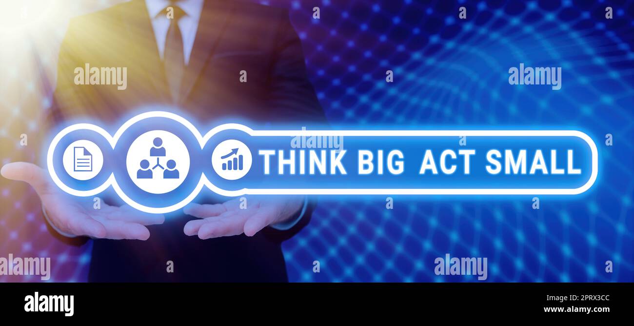 Visualizzazione concettuale pensare Big Act piccolo. Idea di business grandi obiettivi ambiziosi fare piccoli passi uno alla volta Foto Stock