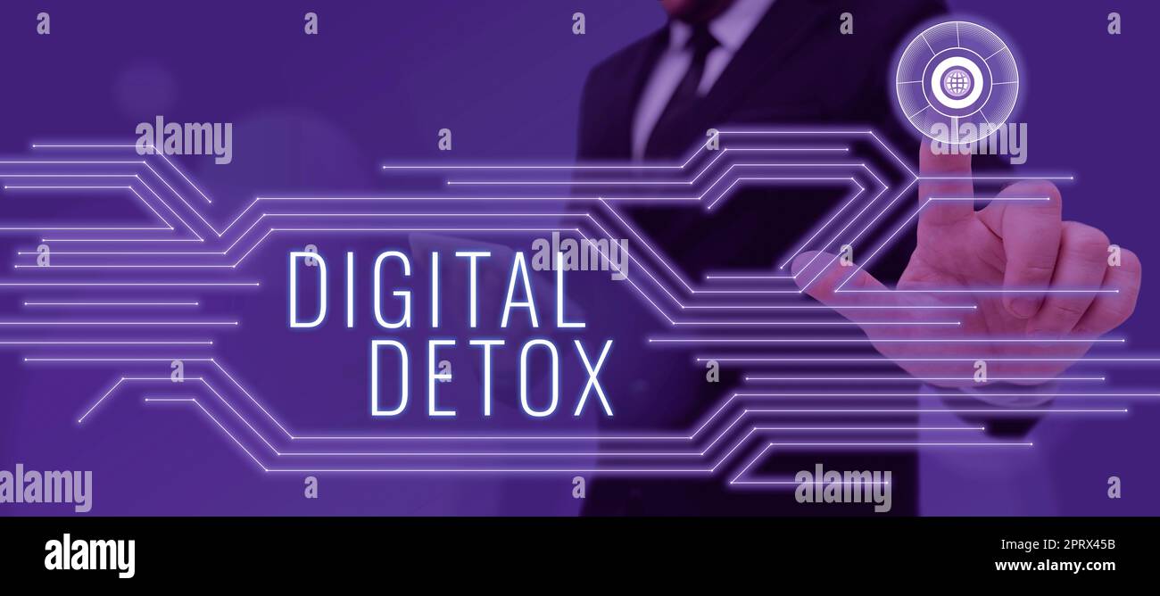 Segno di scrittura a mano Digital Detox. Vetrina aziendale senza dispositivi elettronici Disconnetti per riconnetterti scollegato Foto Stock