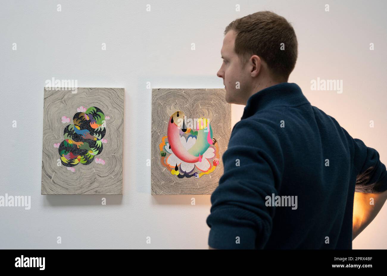 Elizabeth Xi Bauer Gallery, Londra, Regno Unito. 27th Apr, 2023. Phantom Dance è una mostra di nuove opere di Theodore Ereira-Guyer e Thiago Barbalho, in corso fino al 3 giugno. Sono installate più pile a due lati di attacchi di grande formato di Ereira-Guyer in modo che appendano al soffitto della galleria per formare una falsa parete. Nell'ambito di questa mostra (nella foto) sono esposte opere più piccole montate a parete di Thiago Barbalho. Credit: Malcolm Park/Alamy Live News Foto Stock