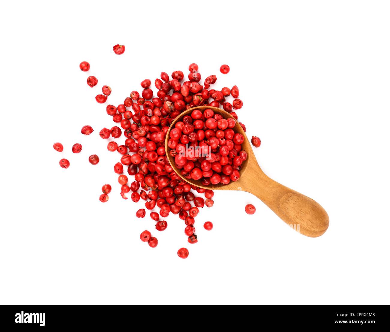 Cucchiaio in legno pieno di grani di pepe rosa Foto Stock