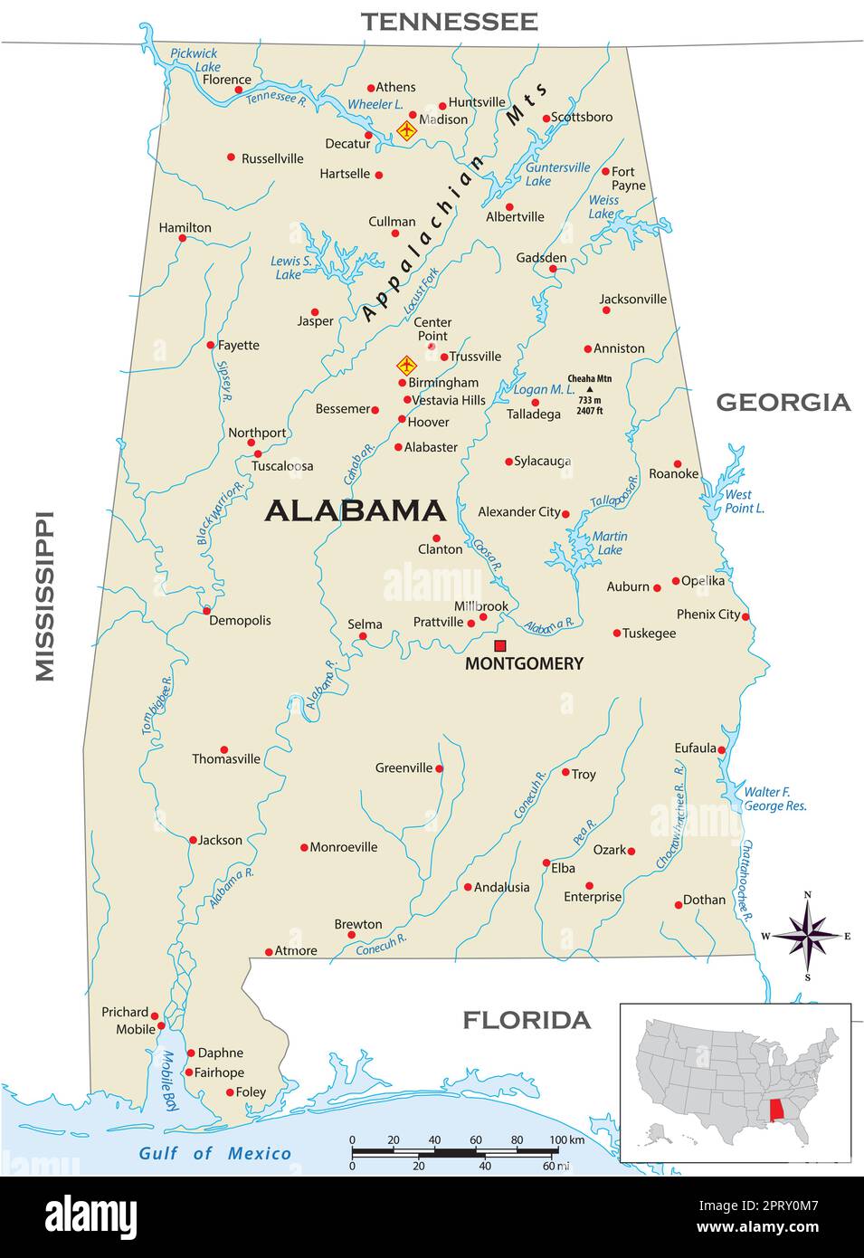 Mappa fisica altamente dettagliata dello stato degli Stati Uniti dell'Alabama Illustrazione Vettoriale