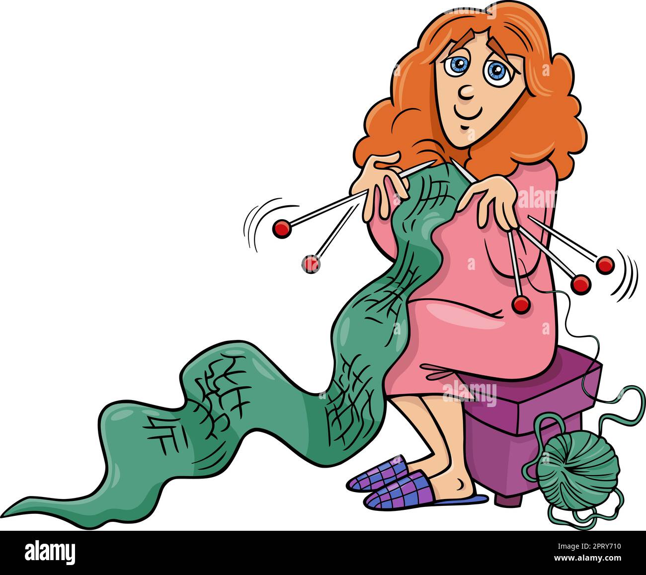 personaggio donna cartoon che si fà lavorare a maglia una sciarpa Illustrazione Vettoriale