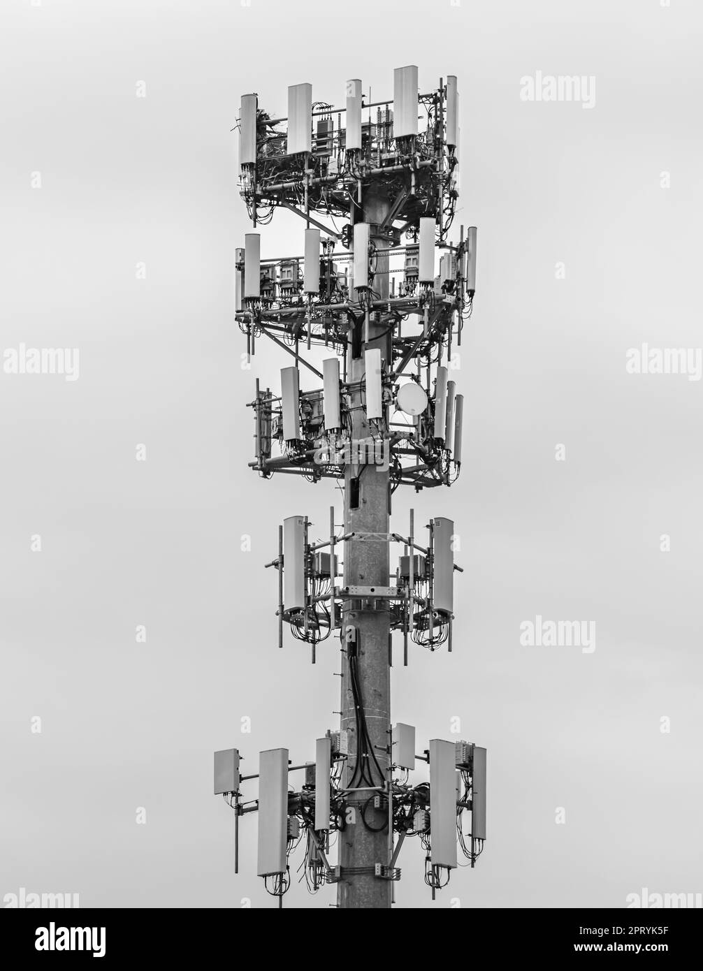 Immagine in bianco e nero della parte superiore della torre di un telefono cellulare Foto Stock