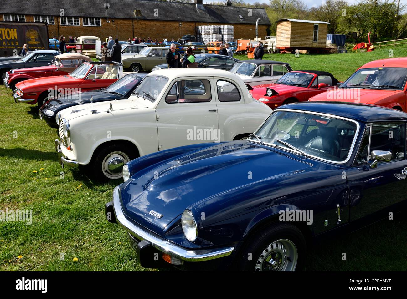 Trionfo GT6 Mk3 con un Austin A30 sullo sfondo al Hook Norton Brewery Classic Car Meeting del 23 aprile 2023 Foto Stock