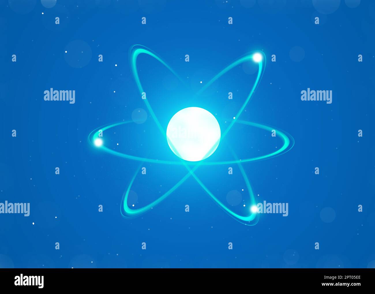 Modello virtuale di atomo su sfondo blu. Illustrazione Foto Stock