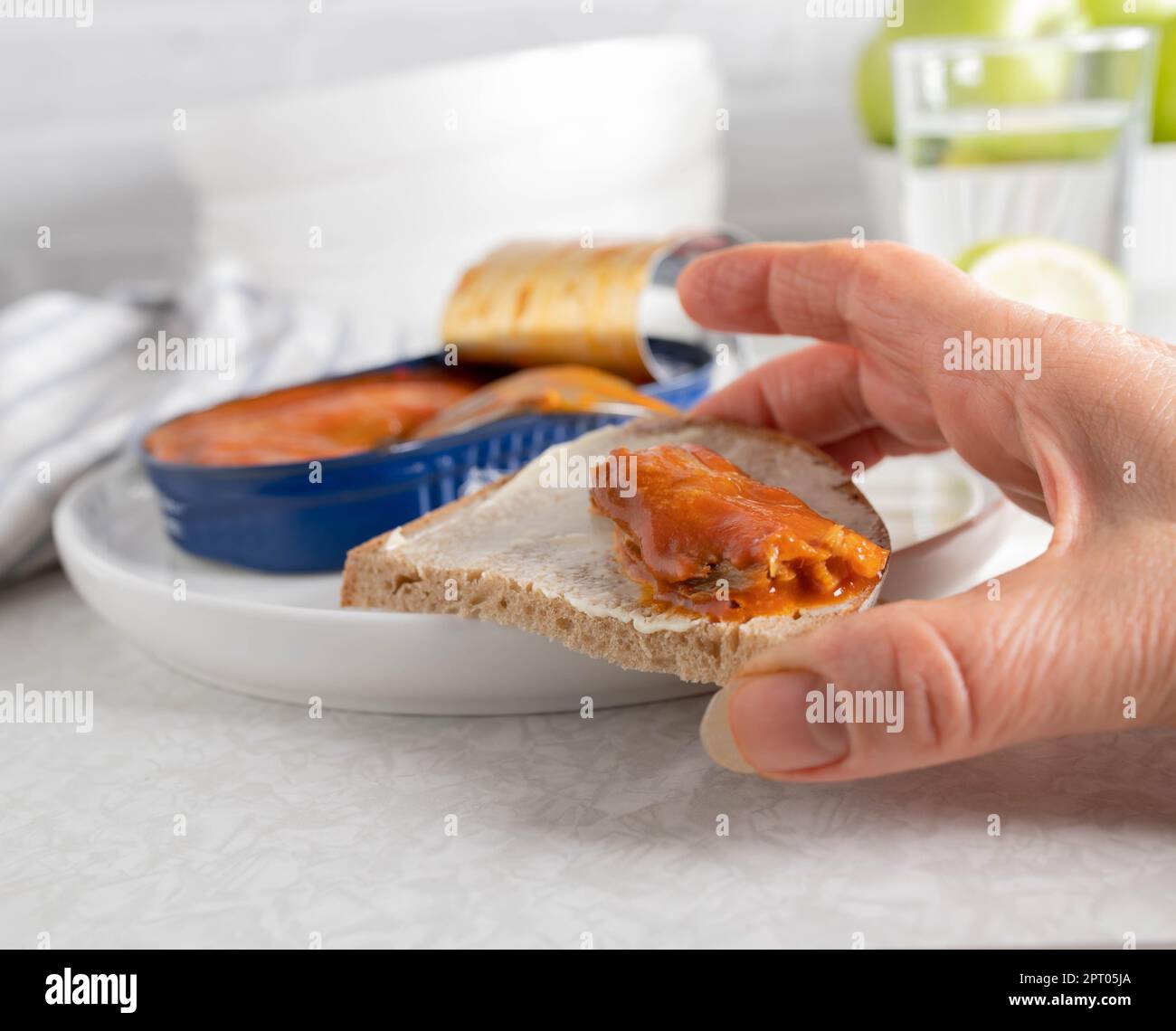 Aringa con salsa di pomodoro su un panino di pane di segale tenuto da una mano di donna Foto Stock