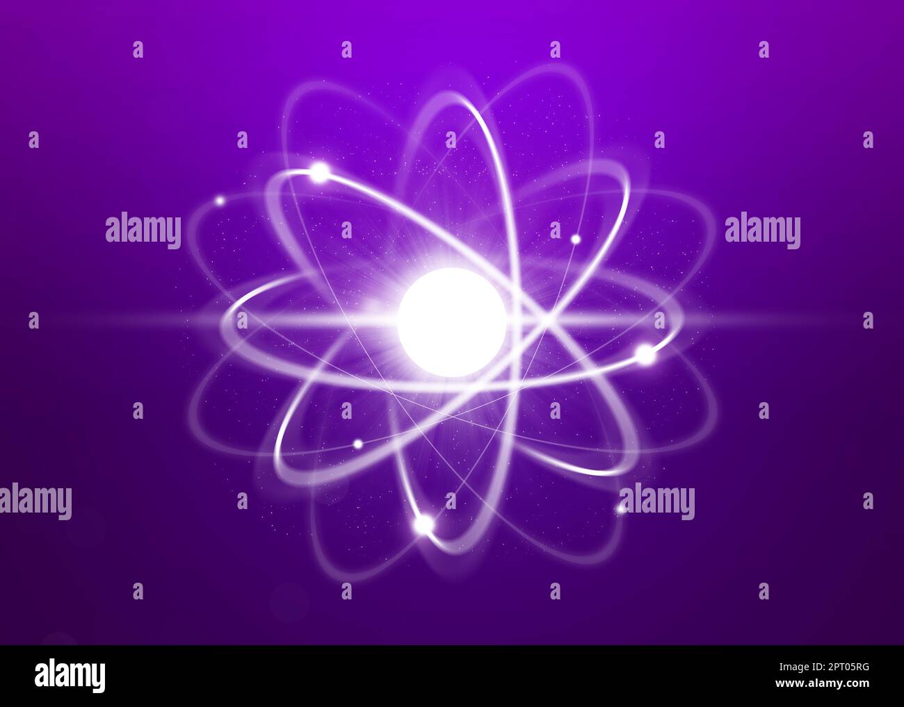 Modello virtuale di atomo su sfondo viola. Illustrazione Foto Stock