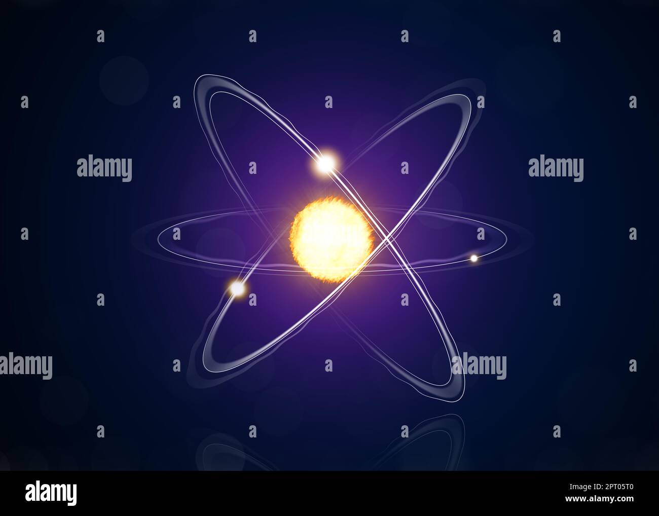Modello virtuale di atomo su sfondo scuro. Illustrazione Foto Stock