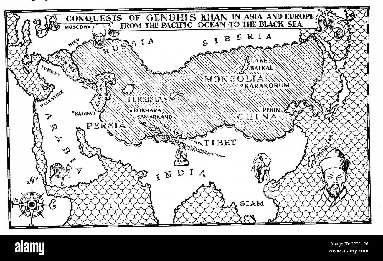 'Conquiste di Genghis Khan in Asia ed Europa dall'Oceano Pacifico al Mar Nero', c1937. Una mappa che mostra la portata dell'Impero Mongolo di Genghis Khan (c1162-1227). Genghis Khan fu il fondatore e primo khagan dell'Impero Mongolo, che in seguito divenne il più grande impero terrestre contiguo della storia. Foto Stock