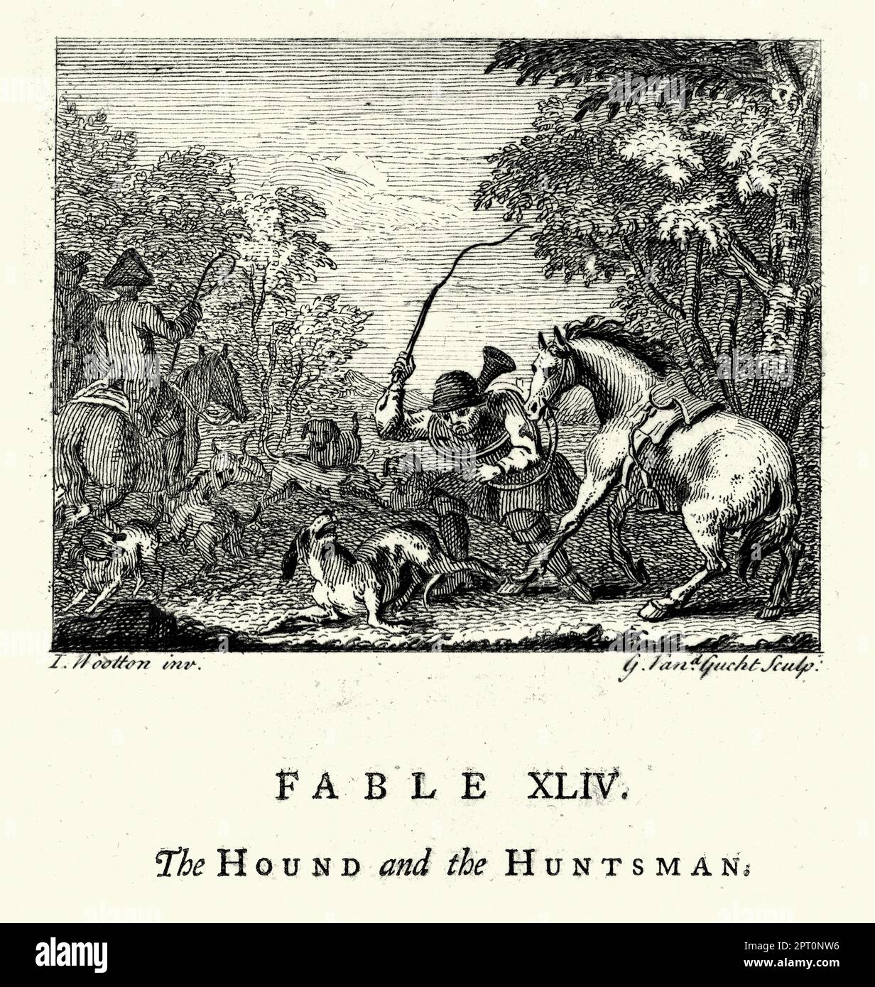 Illustrazione vintage Fable of the Hound and the Huntsman, uomo che colpisce il cane con una frusta, Blood Sport, 18th ° secolo. Dalle Favole di John Gay Foto Stock