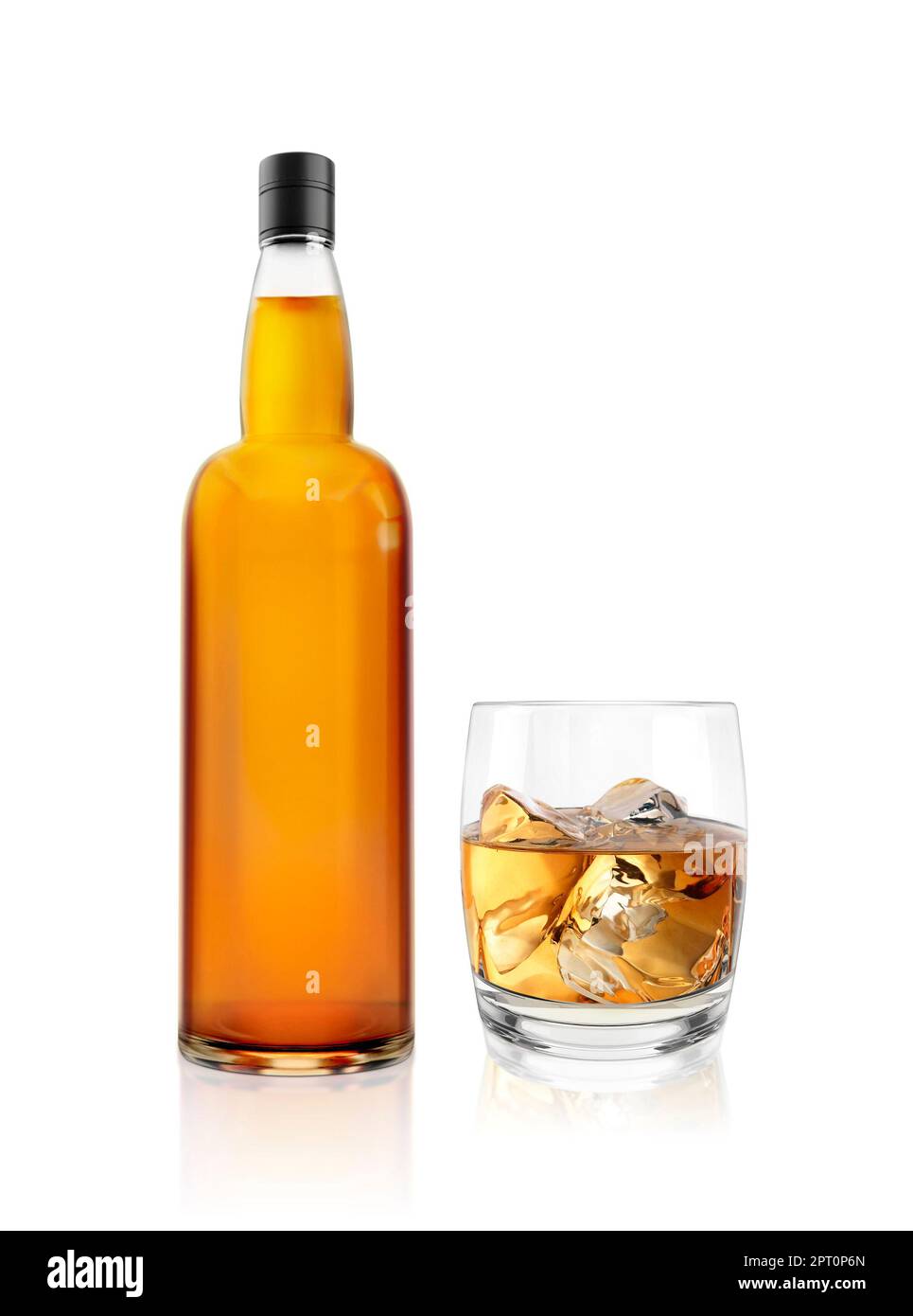 Bicchiere e bottiglia di whiskey realistici. Tradizionale mockup di bottiglie di bevande alcoliche. Bottiglie di brandy, scotch marrone per bevande. rendering 3d Foto Stock