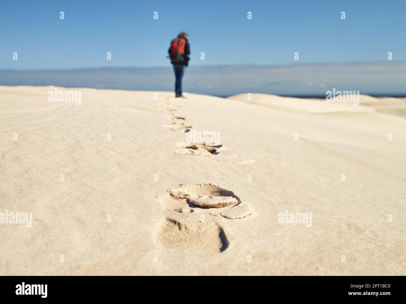Lasciando il suo segno. Vista posteriore di una giovane escursionista che cammina lungo le dune di sabbia Foto Stock