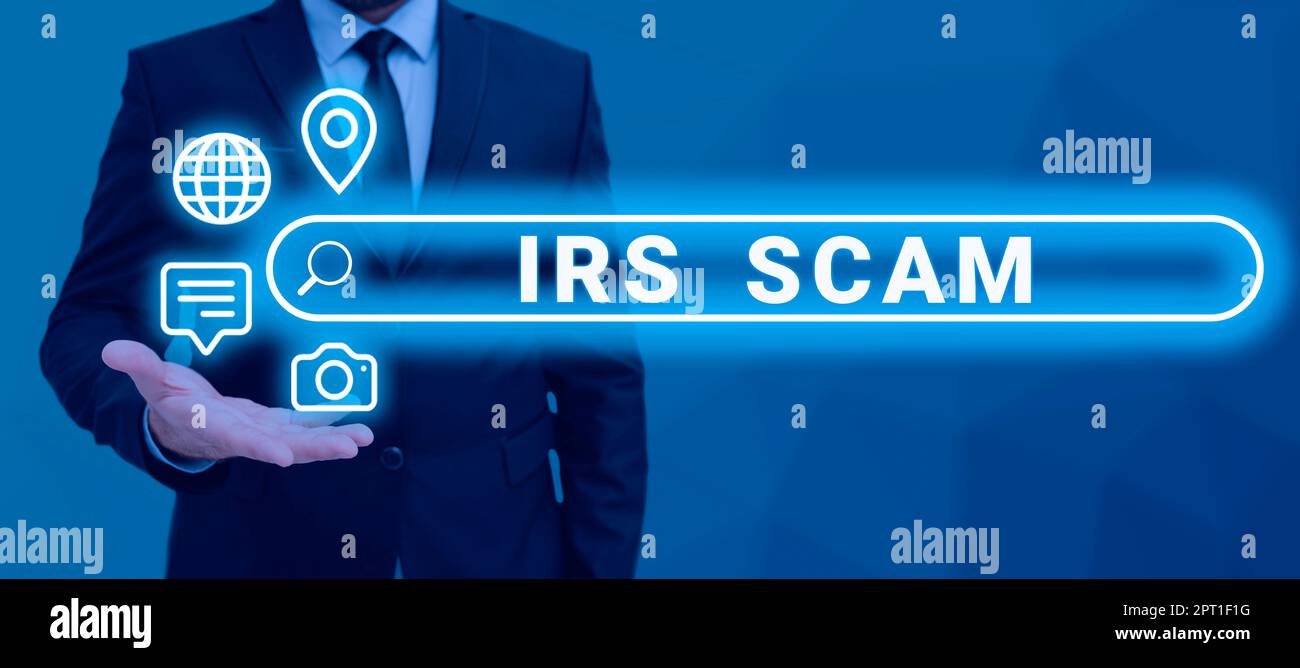 Didascalia di testo che presenta IRS truffa, parola per i contribuenti mirati fingendo di essere Internal Revenue Service Foto Stock