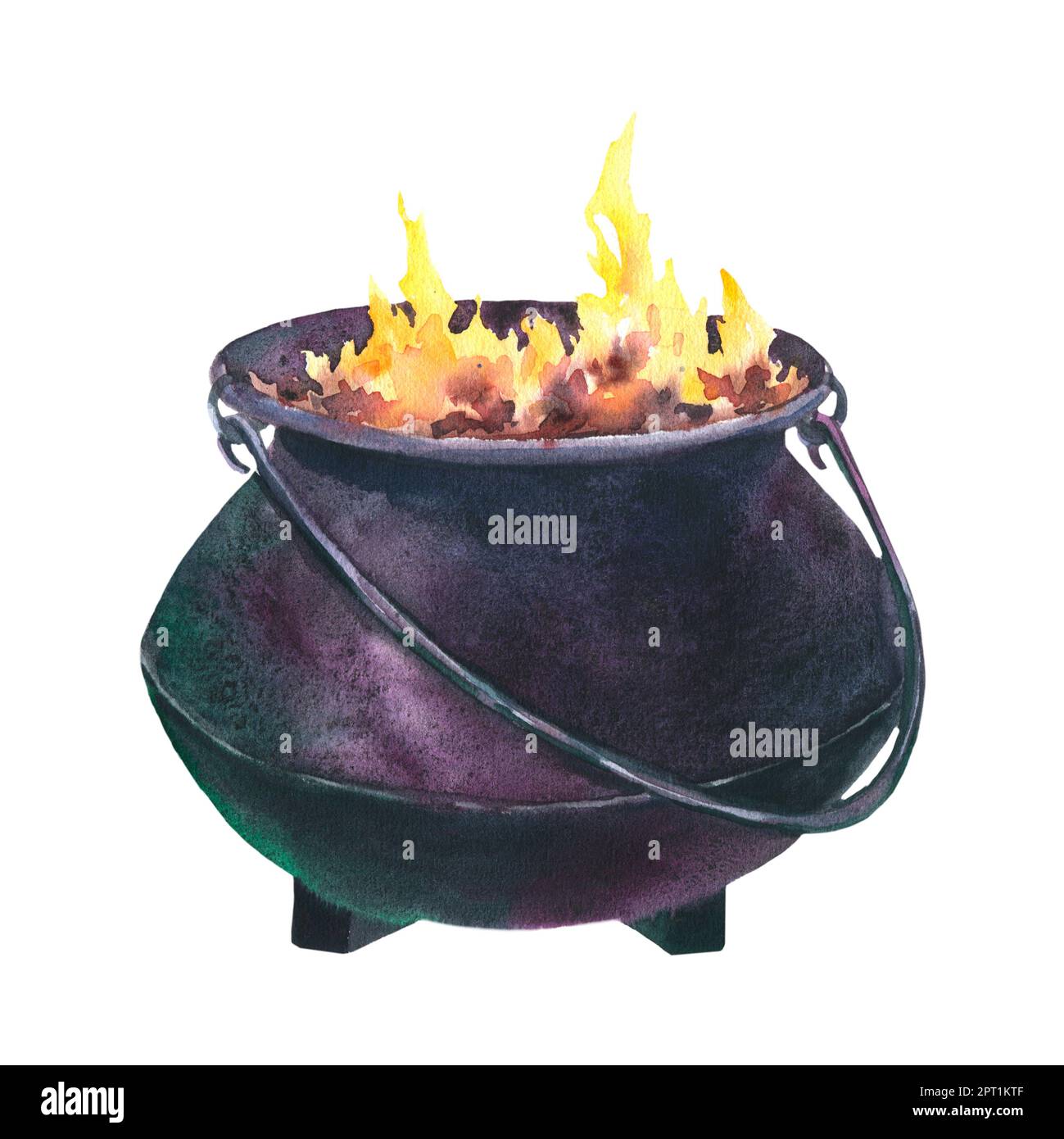 Acquerello Witch Cauldron. Illustrazione dipinta a mano di Caldron con fuoco per la clip art di Halloween Schizzo isolato su sfondo bianco. Foto Stock