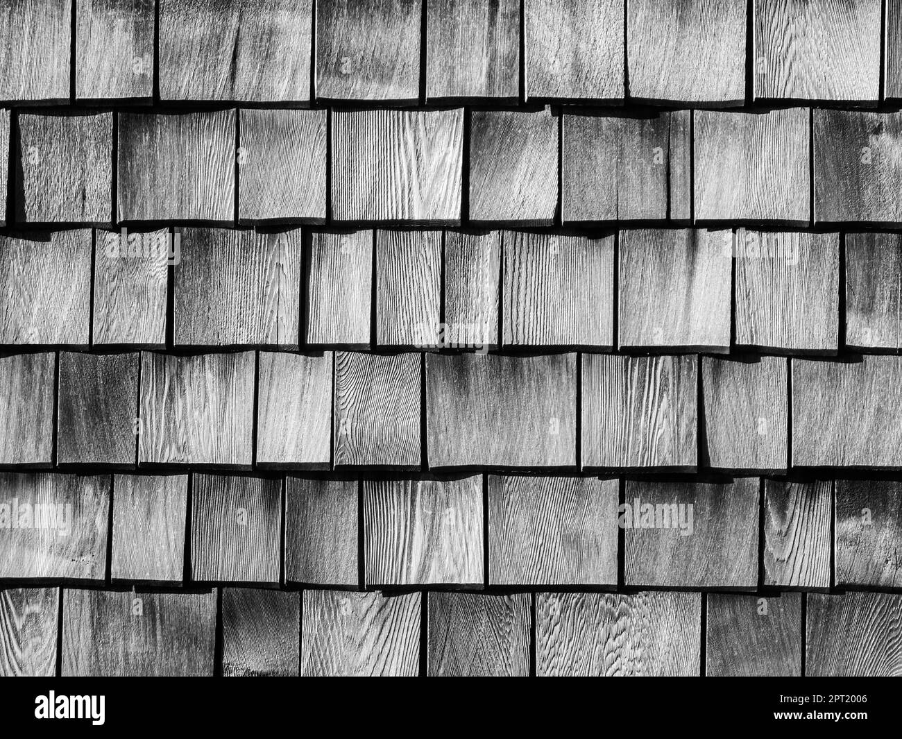 Vista di una parete di scandole di legno in bianco e nero che riempie il formato. Foto Stock