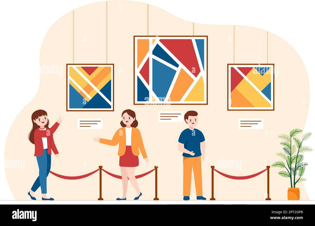 Art Gallery on Museum of Exhibition Visitors Viewing Modern Abstract Paintings at Contemporary and Photo in Flat Cartoon Hand Template Illustration Illustrazione Vettoriale