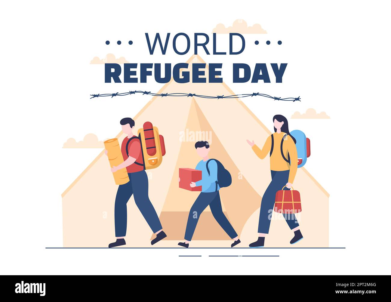 Modello della Giornata Mondiale del Rifugiato Illustrazione piatta di Cartoon disegnata a mano con le mani, la famiglia e la salita della recinzione a filo metallico a punta per immigrare a salvare il posto Foto Stock