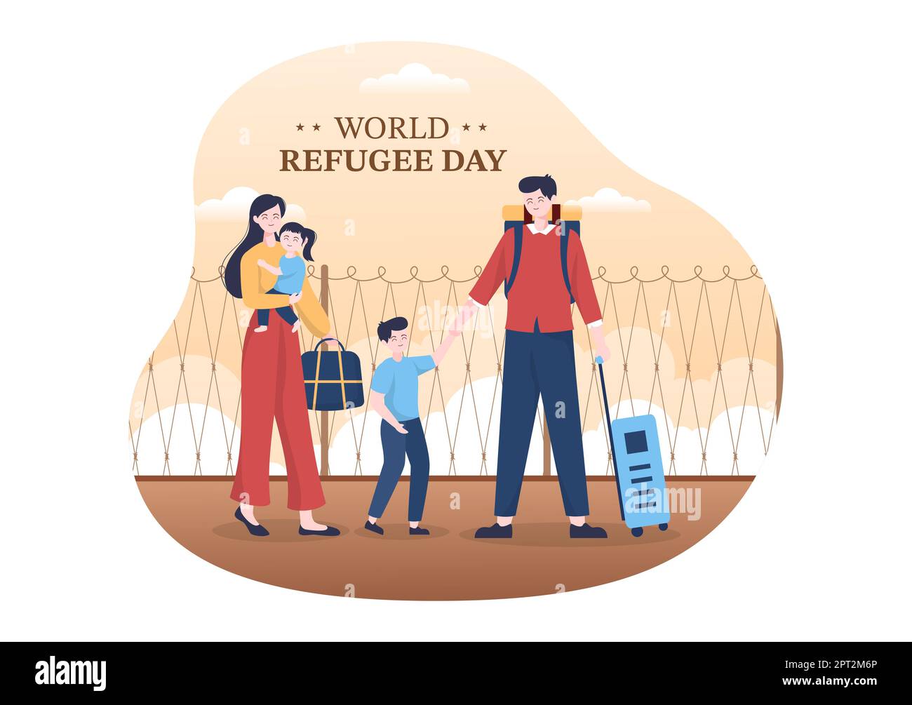 Modello della Giornata Mondiale del Rifugiato Illustrazione piatta di Cartoon disegnata a mano con le mani, la famiglia e la salita della recinzione a filo metallico a punta per immigrare a salvare il posto Foto Stock