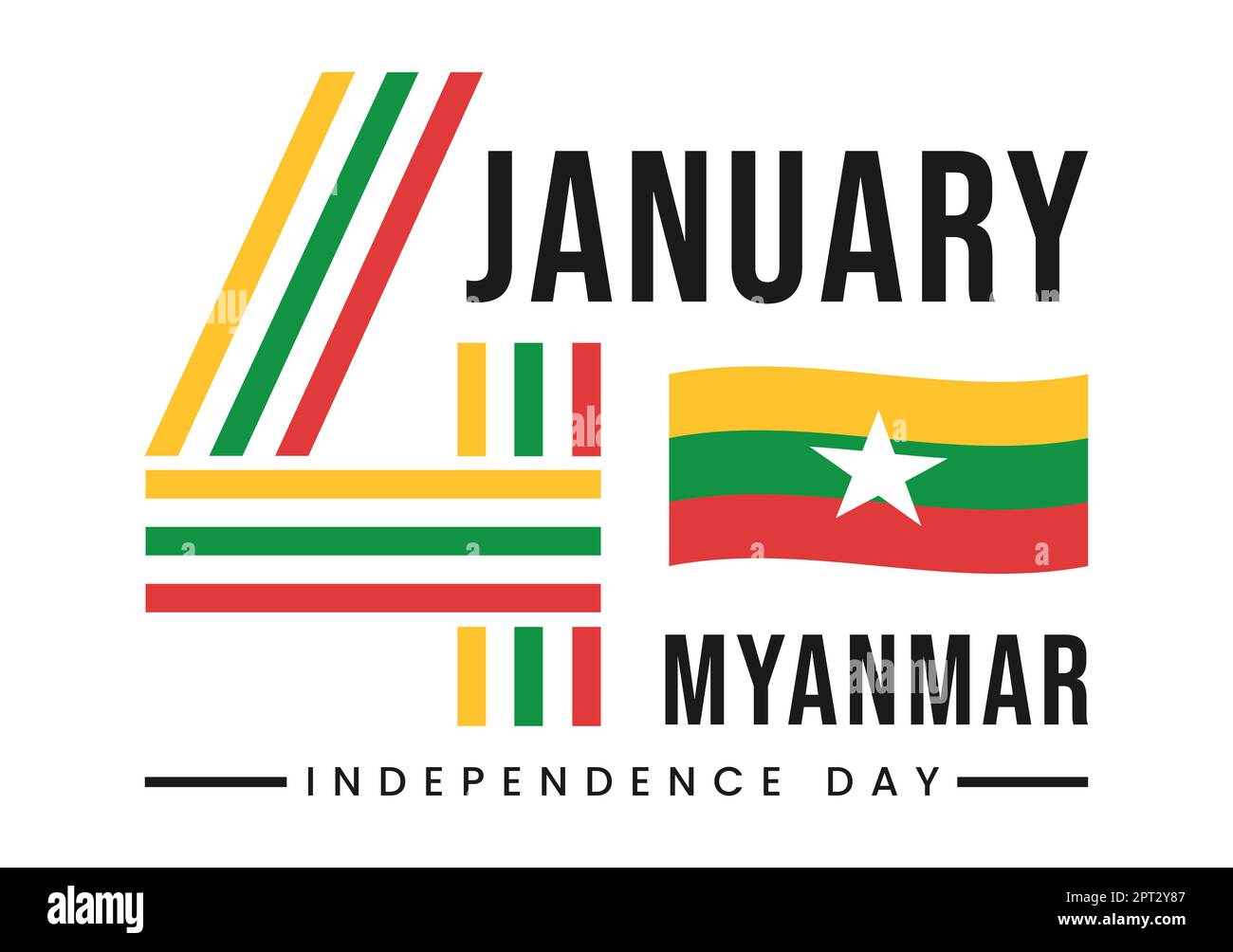Celebrare Myanmar Independence Day il 4th gennaio con bandiere in Cartoon piano sfondo modelli disegnati a mano Illustrazione Foto Stock