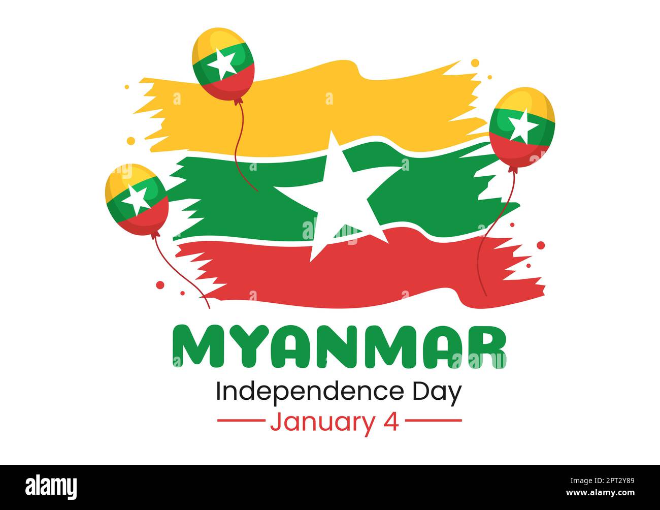 Celebrare Myanmar Independence Day il 4th gennaio con bandiere in Cartoon piano sfondo modelli disegnati a mano Illustrazione Foto Stock