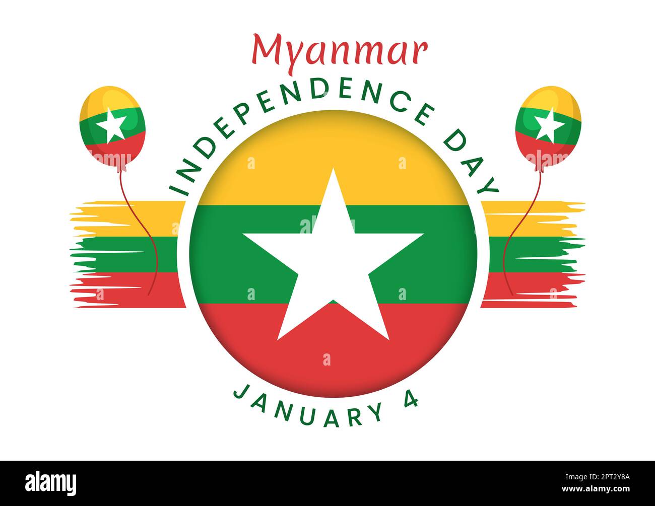Celebrare Myanmar Independence Day il 4th gennaio con bandiere in Cartoon piano sfondo modelli disegnati a mano Illustrazione Foto Stock