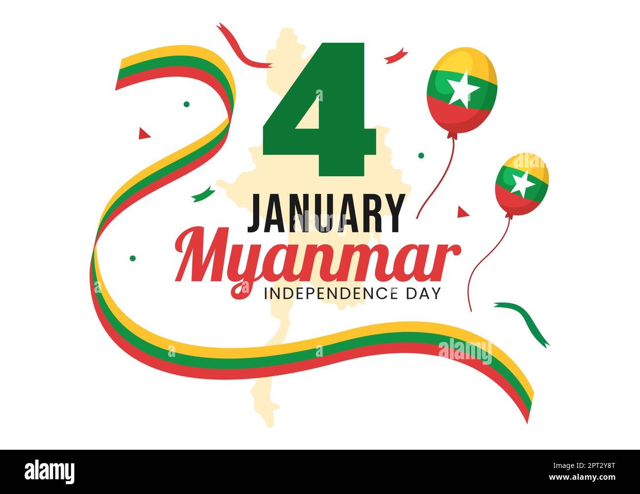 Celebrare Myanmar Independence Day il 4th gennaio con bandiere in Cartoon piano sfondo modelli disegnati a mano Illustrazione Foto Stock