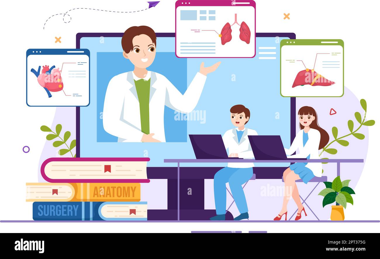 Scuola di Medicina con gli studenti che ascoltano la lezione di Dottore e la scienza di apprendimento in aula in Cartoon piano modello disegnato a mano Illustrazione Illustrazione Vettoriale