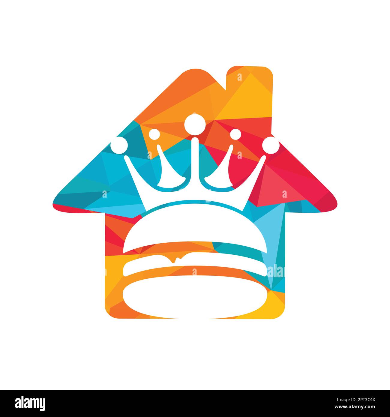 Burger King logo design vettoriale. Burger con corona e baffi con logo a forma di casa. Illustrazione Vettoriale