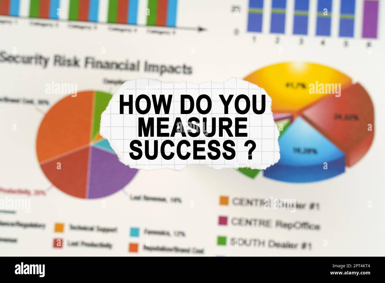 Concetto aziendale. Su diagrammi e grafici si trova la carta strappata con l'iscrizione - COME SI MISURA IL SUCCESSO. Grafici e grafici sono sfocati. Foto Stock