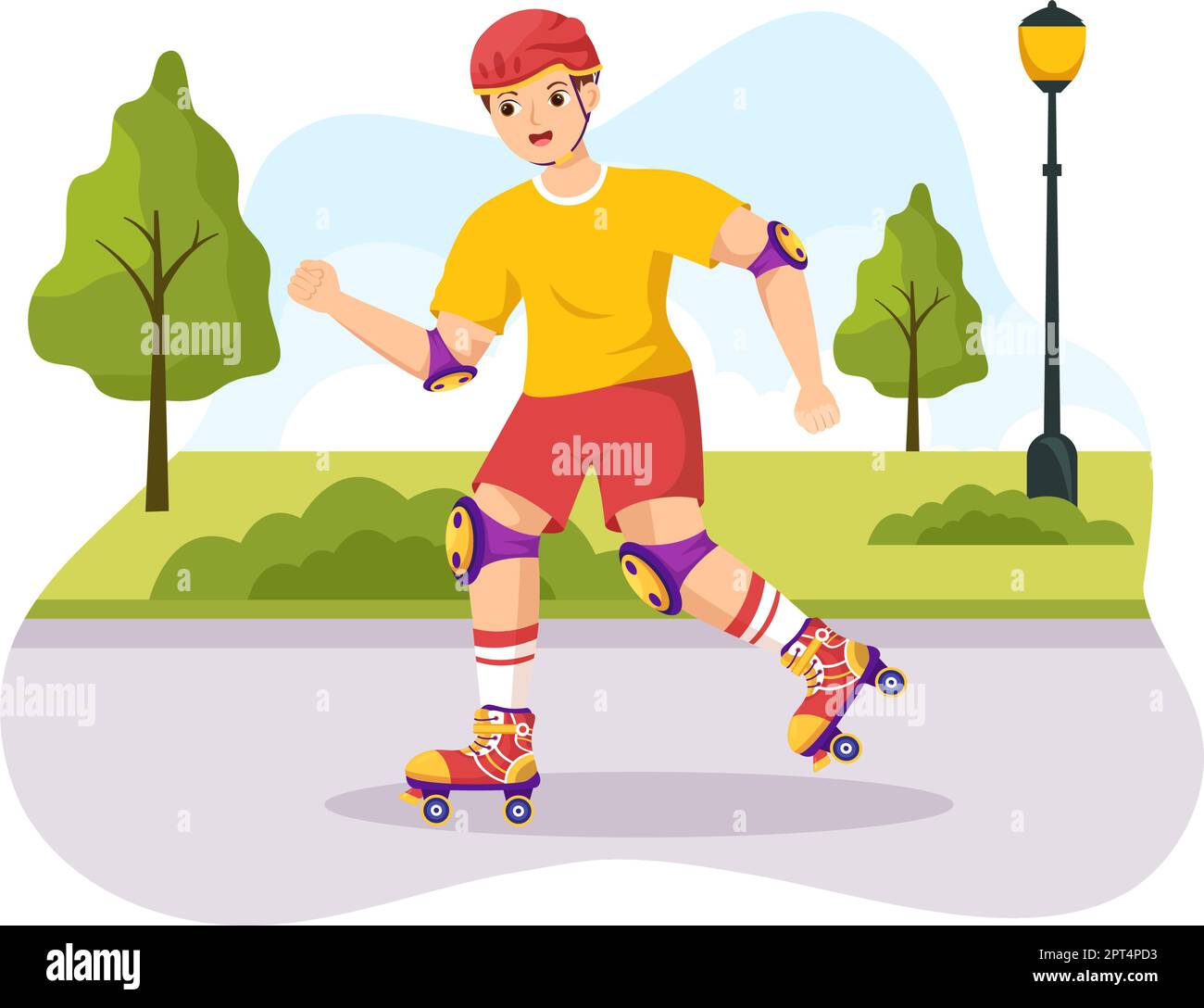 Persone Riding Roller Skates in City Park per attività all'aperto, Sport Recreation o Weekend Recreation in Cartoon Hand Drawed Template Illustration Illustrazione Vettoriale