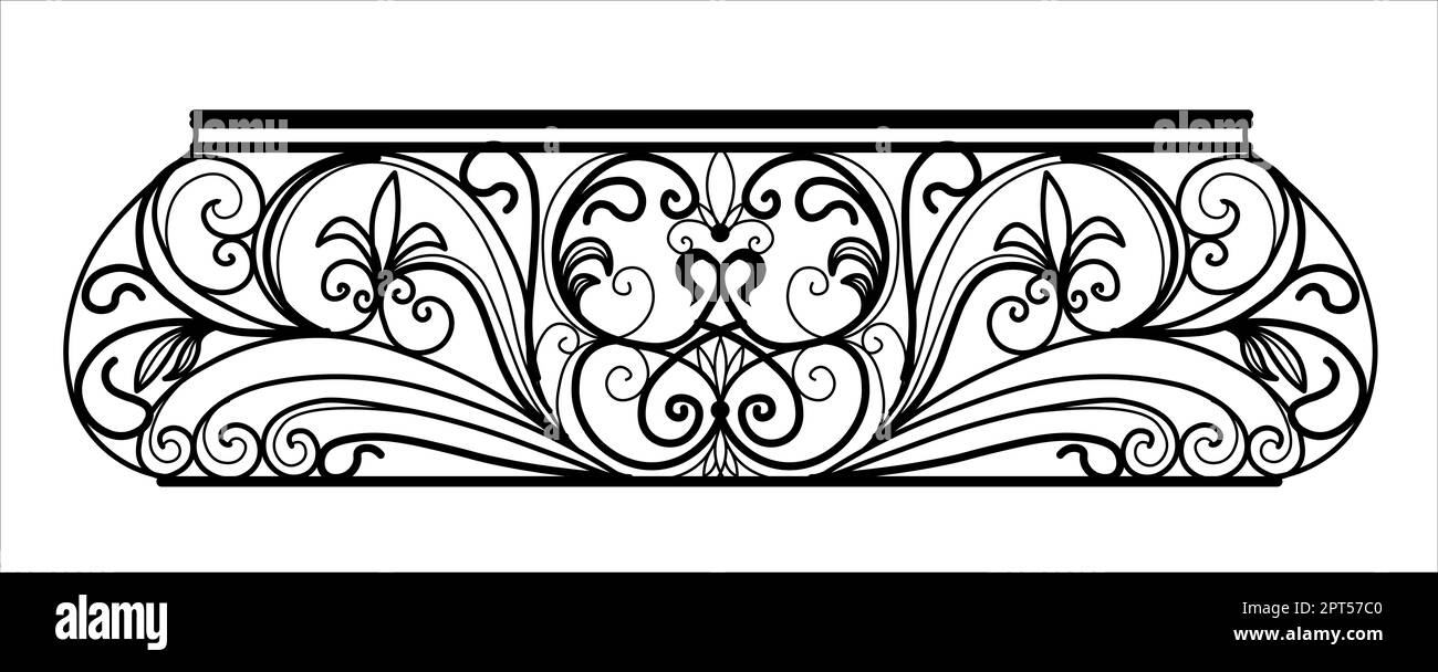 balcone in ferro battuto. Ringhiera in metallo nero con ornamenti forgiati su sfondo bianco. Ingresso alla terrazza decorata con vettore di acciaio. Vi. Antico Foto Stock balcone in ferro battuto. Ringhiera in metallo nero con ornamenti forgiati su sfondo bianco. Ingresso alla terrazza decorata con vettore di acciaio. Vi. Antico Foto Stock