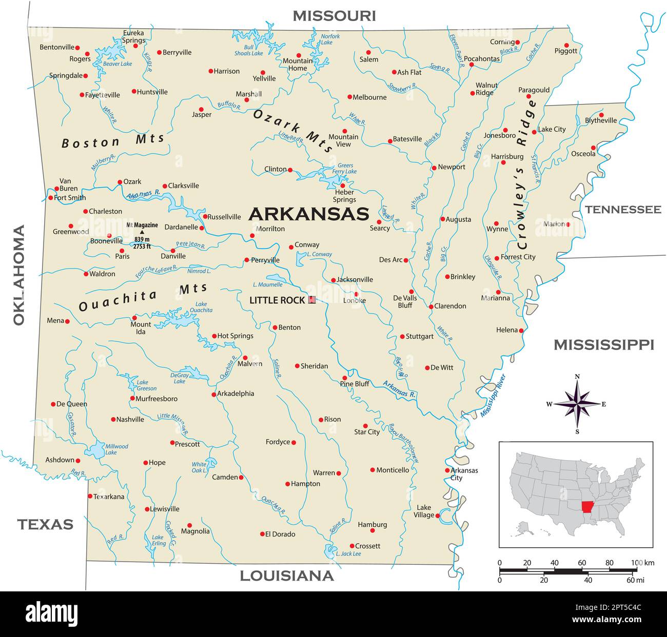 Mappa fisica molto dettagliata dello stato americano dell'Arkansas Illustrazione Vettoriale