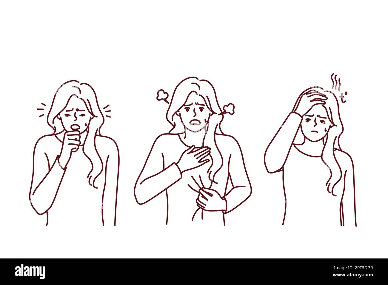 Donna malsana soffre di sintomi di covid-19. Malessere lotta ragazza da coronavirus hanno tosse e respiro corto. Illustrazione vettoriale. Foto Stock