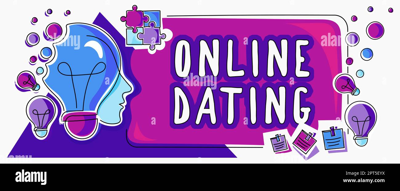 Didascalia testo Presentazione Online Dating, Parola scritta su Ricerca di corrispondenza relazioni Incontri Video chatting Foto Stock