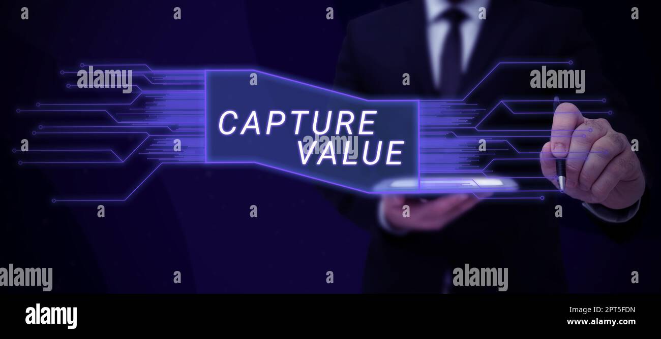 Testo scritto a mano cattura valore, Panoramica aziendale relazione con il cliente soddisfare le esigenze mantenimento della forza del marchio Foto Stock